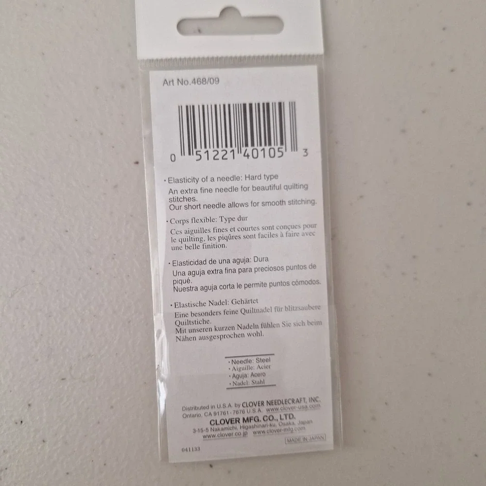 Clover Quilting Needles No. 9 (15 per pack) Art No. 468/09, Set Of 4, JAPAN